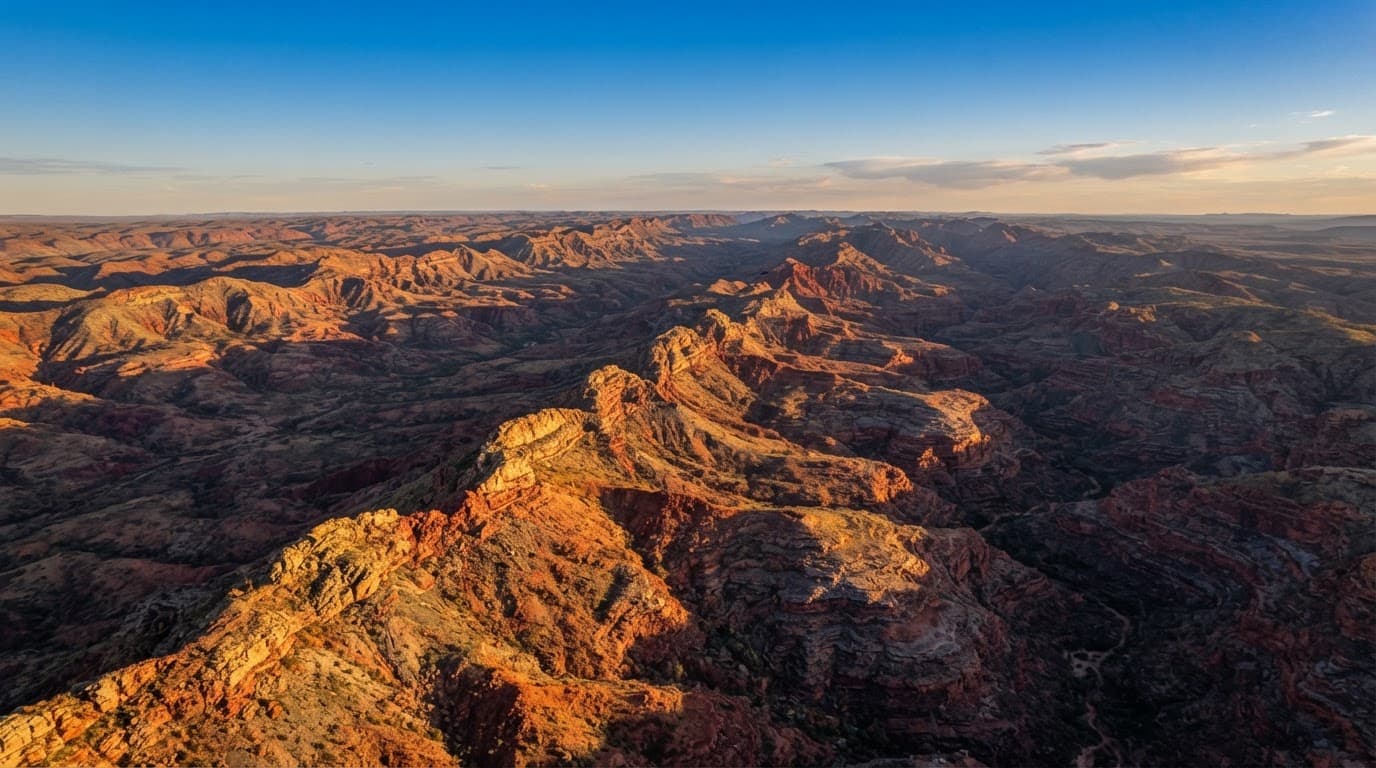 Aerial view of the Hamersley Range, Western Australia at golden hour