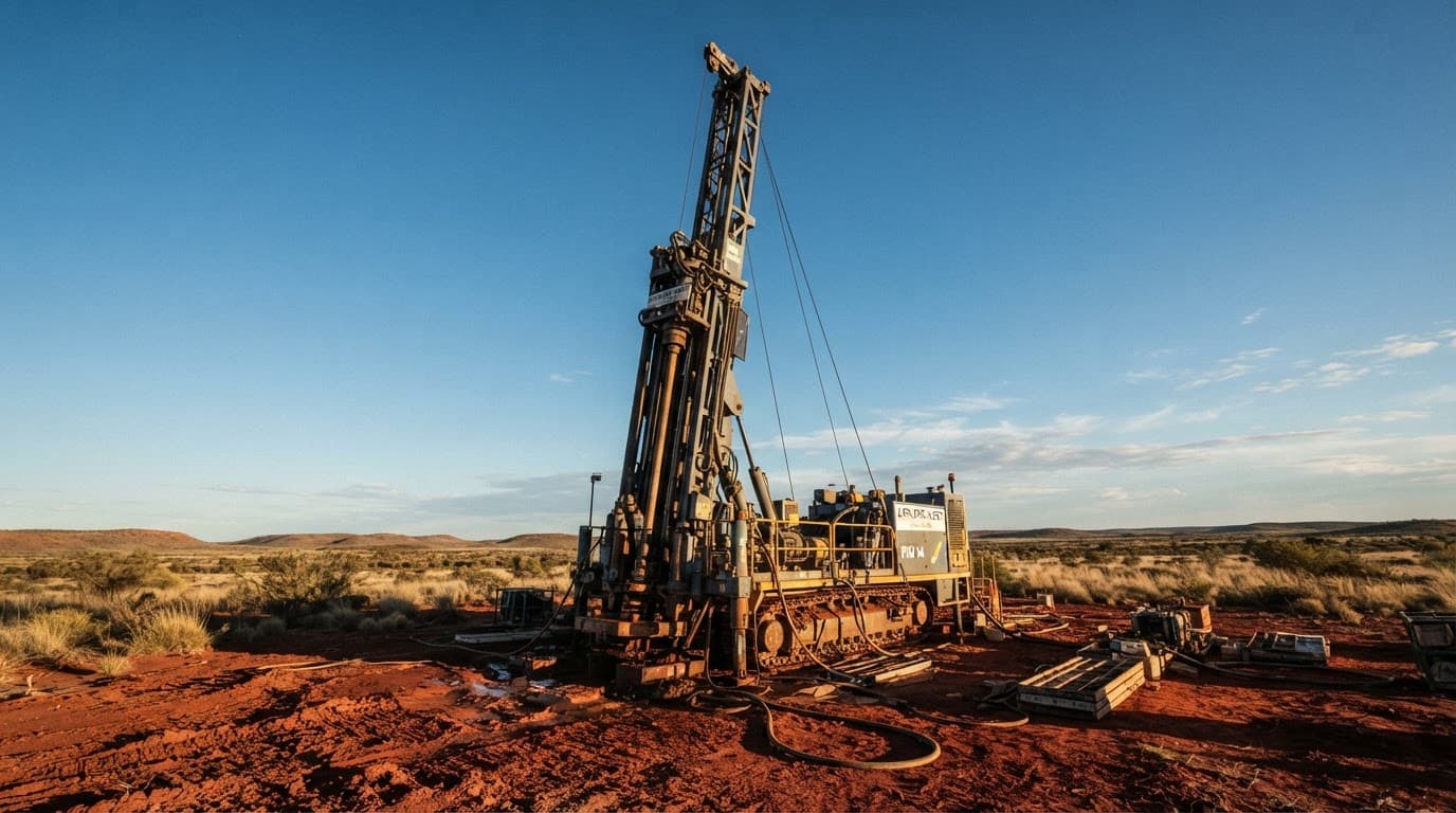 Diamond drilling rig in the Western Australian outback, framed heroically against the landscape