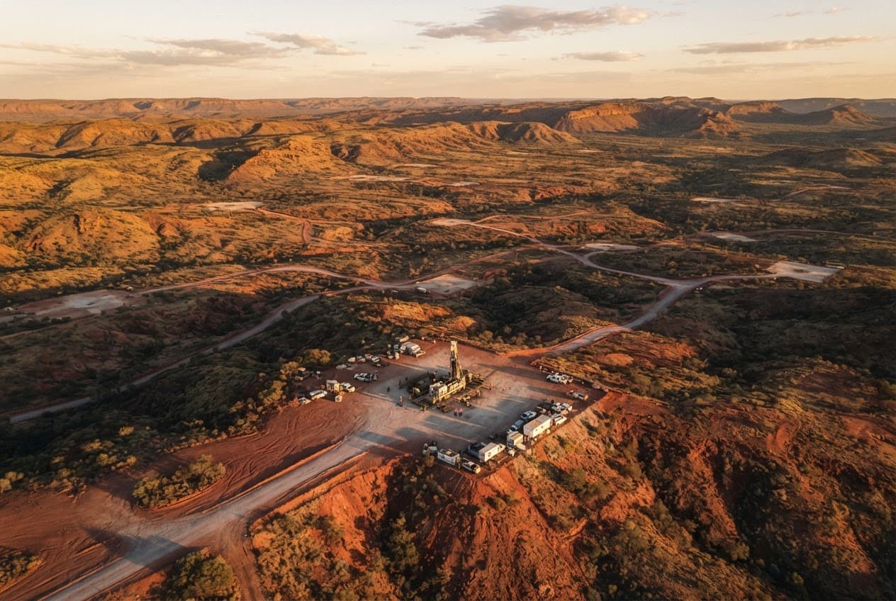 Aerial view of Western Australian mineral exploration terrain with drill pads
