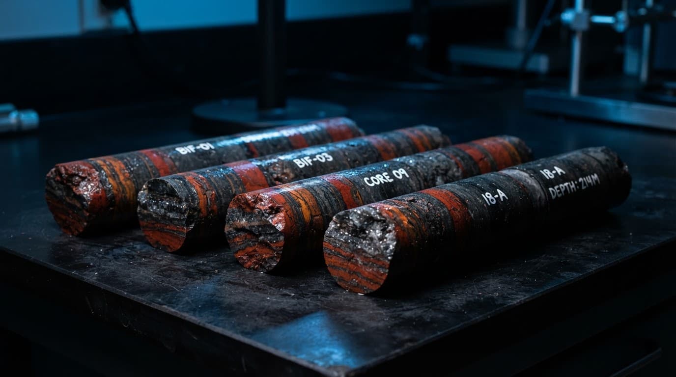Iron-rich mineral core samples under clinical blue LED laboratory lighting